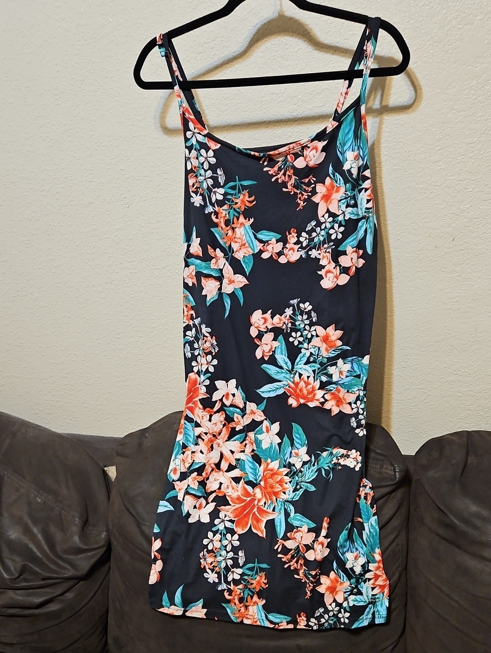 Rogue Collection Black Midi Dress with Coral & Teal Floral Print